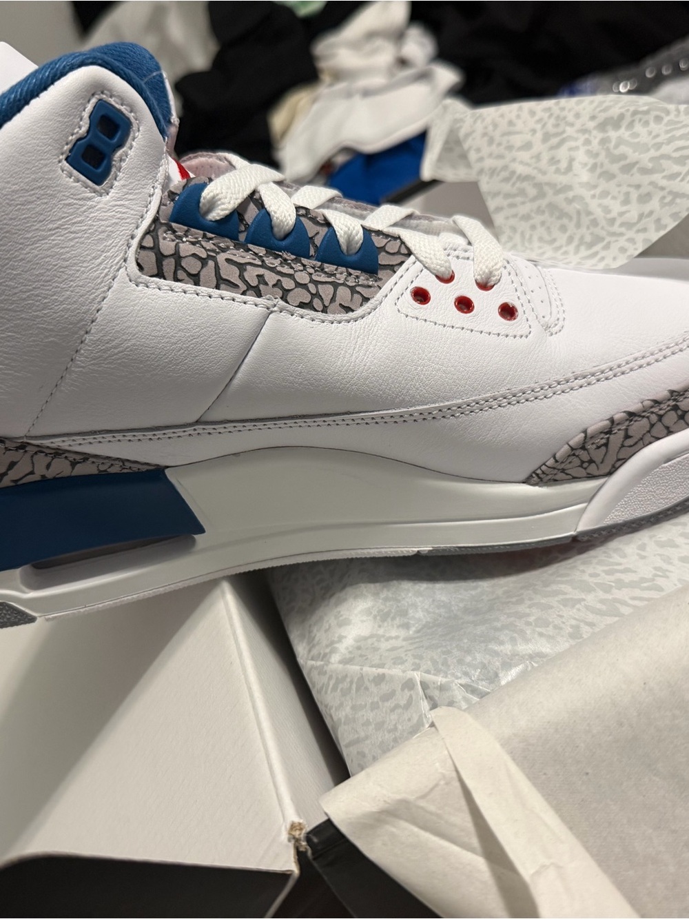 Jordan Men's White Leather Sneakers with Blue & Gray Elephant Print Accents